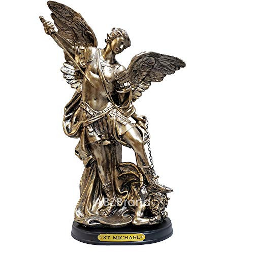 St. Michael San Miguel The Great Protector Archangel Defeating Satan Figurine 12 Inch Tall Wooden Base with Brass Name Plate 