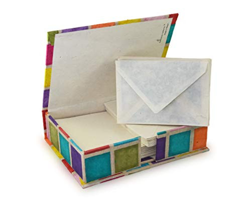 Kathmandu Valley Co. Vintage Stationery Gift Box Set with 50 Handmade A5 Deckle-edge Lokta Paper Sheets and 30 Envelopes (Rainbow Squares)