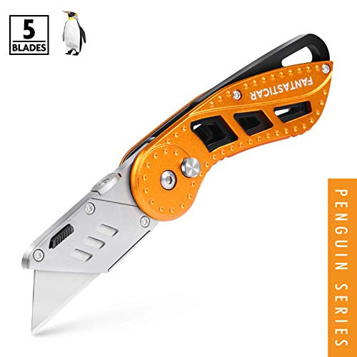 FANTASTICAR Folding Utility Knife Gift Box Cutter, Lightweight Aluminum Body with Lock-Back, Quick Change with 5-Piece Extra Blades (Orange)