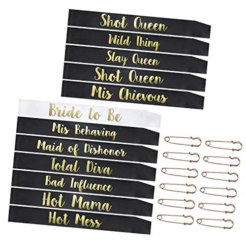 YZDING 12 Pcs Bride to Be Sash Bachelorette Party Decorations- Unique Bride and Bridesmaid Sashes for Bachelorette Party (Black, Gold Letters) YZDING 12 Pcs Bride to Be Sash Bachelorette Party Decorations- Unique Bride and Bridesmaid Sashes for Bachelorette Party (Black, Gold Letters)