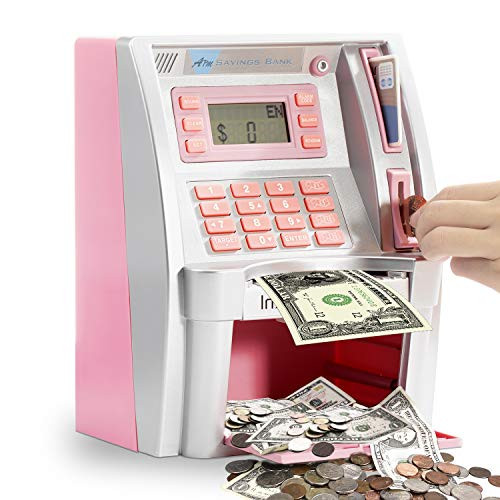 ATM Savings Bank,Personal ATM Cash Coin Money Savings Piggy Bank Pink Machine for Kids