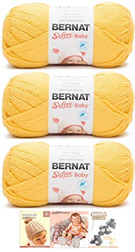 Bernat Softee Baby Acrylic Yarn 3 Pack Bundle Includes 3 Patterns DK Light Worsted #3 (Buttercup)