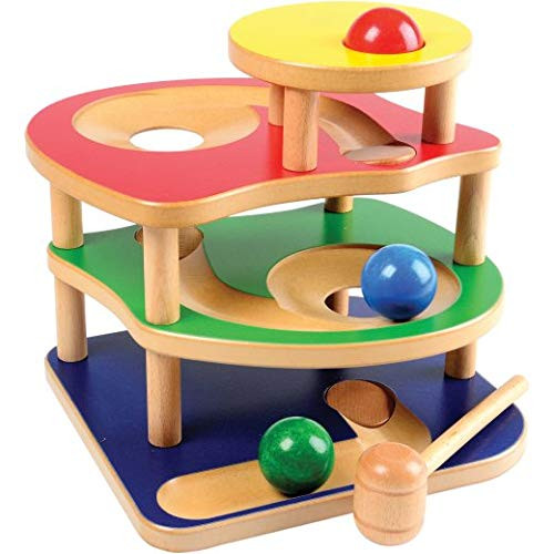 Constructive Playthings 9" H. x 9" W. x 10" H. Hardwood Three-Tiered Pound and Roll with Three 1 1/2" Diam. Wooden Balls for Ages 2 Years and Up
