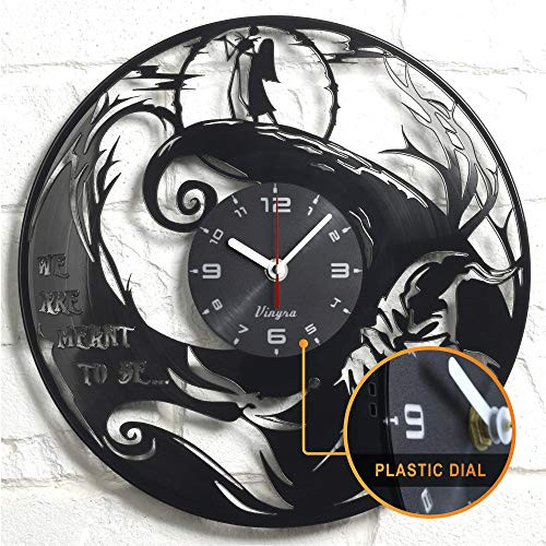Vinyra Vinyl Wall Clock compatible with Jack Skellington and Sally Nightmare Before Christmas Disney Cartoon themed room - Vinyl Clock Gift Idea Nursery Decor - 12 LP Record Clock, Black