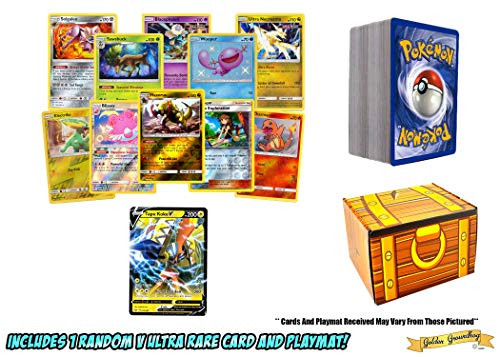 100 Pokemon Card Rares and Foils & 1 Random V Ultra Rare Card! Includes a Golden Groundhog Treasure Chest Deck Box!