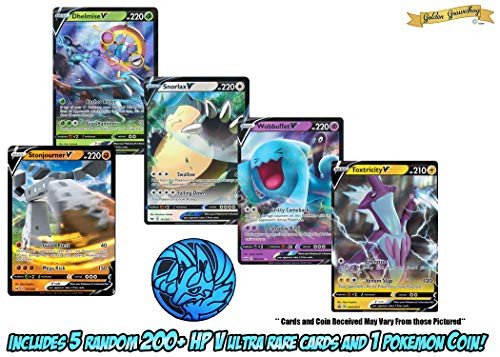 5 Random Pokemon Cards - Includes 5 Random Sword and Shield V Rares (200 HP or Higher), 1 Random Pokemon Coin, and Golden Groundhog Deck Storage Box