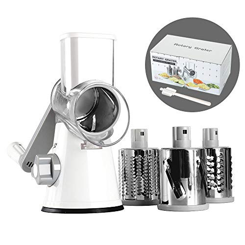 Cambom Manual Rotary Cheese Graters Round Mandoline Slicer Cheese Shredder Vegetable Slicer Walnuts Grinder with Strong-Hold Suction Cup Base and Cleaning Brush