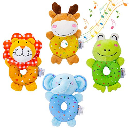 TUMAMA Baby Soft Rattles Set, Infant Developmental Hand Grip Baby Toys, Cute Stuffed Animal with Sound for 3, 6, 9, 12 Months and Newborn Gift, 4 PCS