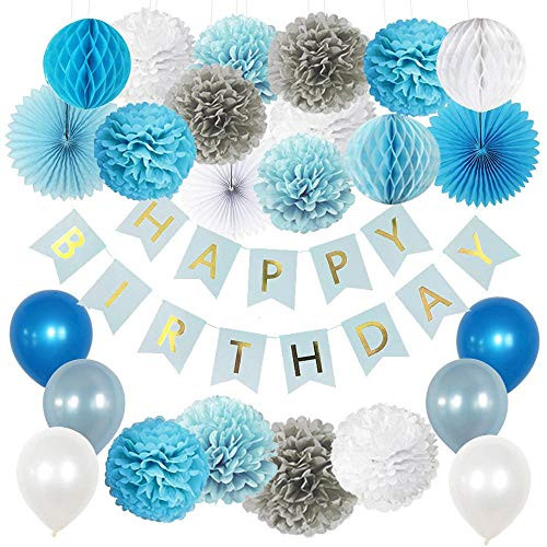 Vidal Crafts Boy Birthday Decorations, 1st Birthday Decoration for Boys, Happy Bday Banner, Tissue Pom Pom Kit, Honeycomb Balls, Paper Fans, Balloons, Boys Birthday Party Supplies