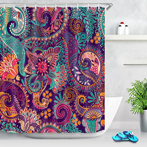 LB Indian Bohemian Shower Curtain Mandala Print Colorful Paisley Pattern Peace Sign Curtains Tribal Shower Curtains for Bathroom Waterproof Eco-Friendly Fabric 78x72 Inch with 12 Hooks,Purple