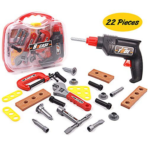 ARELUX Kids Tool Set with Electronic Cordless Drill, and 22 Pretend Play Construction Accessories, with a Sturdy Case,No Batteries Required