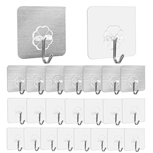 Blingstar Adhesive Hooks 24Pack Heavy Duty Wall Hooks Nail Free Transparent Seamless Hooks 13lb(Max) Wall Hangers for Shower Bathroom Kitchen Door Hanging Towel Robe Loofah Coat, Waterproof & Oilproof