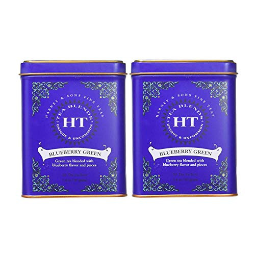Harney & Son's Blueberry Green Tea Tin 20 Sachets (1.4 oz ea, Two Pack) - Green Tea Blend with Real Blueberry Flavor and Pieces (Hot or Iced) - 2 Pack 20ct Sachet Tins (40 Sachets)