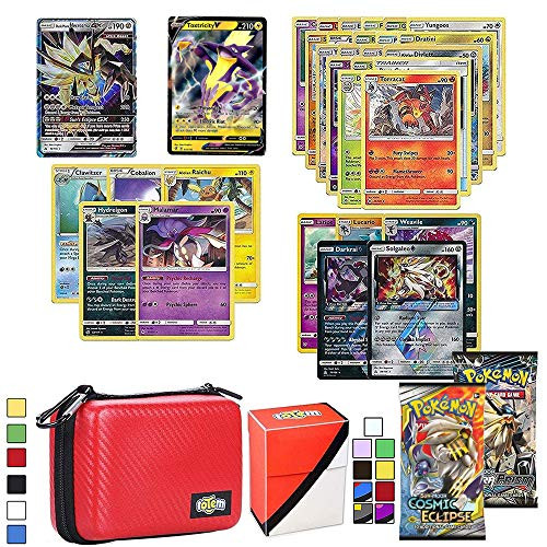 Totem World Pokemon Cards V & GX Lot with Card Carrying Case, 1 Pokemon V & GX Card Guaranteed, Plus 1 Card Holder, 2 Booster Packs, 5 Rares, 5 Holos, 20 Regular Pokemon Cards, and 1 Deck Box