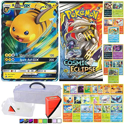 Pokemon GX Guaranteed with Booster Pack, 5 Rare Cards, 5 Holo/Reverse Holo Cards, 20 Regular Pokemon Cards, Totem Collectors Storage Case and Deck Box Pokemon GX Guaranteed with Booster Pack, 5 Rare Cards, 5 Holo/Reverse Holo Cards, 20 Regular Pokemon Cards, Totem Collectors Storage Case and Deck Box