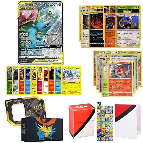 Totem World Pokemon Tag Team GX Ultra Rare Guaranteed with 10 Rares, 10 Uncommon Foils, 40 Regular Cards, Totem Deck Box & Mini Binder Collectors Album in Hidden Fates Storage Tin or Box