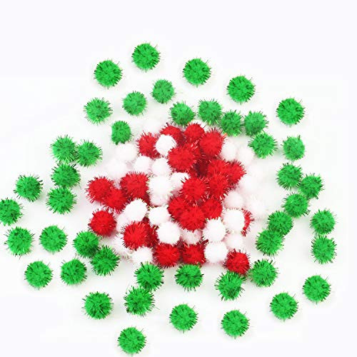 Luckkyme 150 Pieces Christmas Pom Poms Glitter Pom Decor for Arts Crafts DIY, Green, White and Red