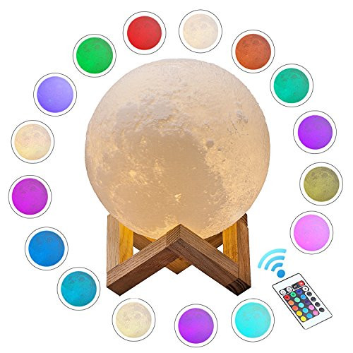 ACED Moon Light, 3D Printed LED 16 Colors RGB Moon Lamp, Remote & Touch Control, Dimmable, Color Changing, USB Recharge, Seamless Lunar Moonlight Night Light Lamp with Stand for Baby Bedrooms, 5.9Inch