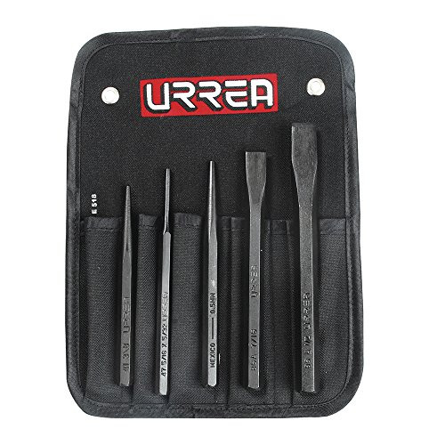 URREA Chisel Set - 5-Piece Chisel, Drift Pin and Punch Kit with Black Oxide Coating & Roll-up Storage Pouch - NO.4