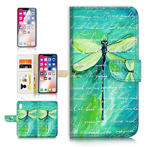 (for iPhone Xs, iPhone X) Flip Wallet Case Cover & Screen Protector Bundle - A4215 Art Dragonfly