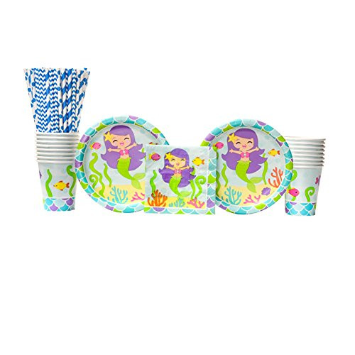 Mermaid Friends Birthday Supply Pack for 16 Guests: Straws, Dessert Plates, Beverage Napkins, and Cups