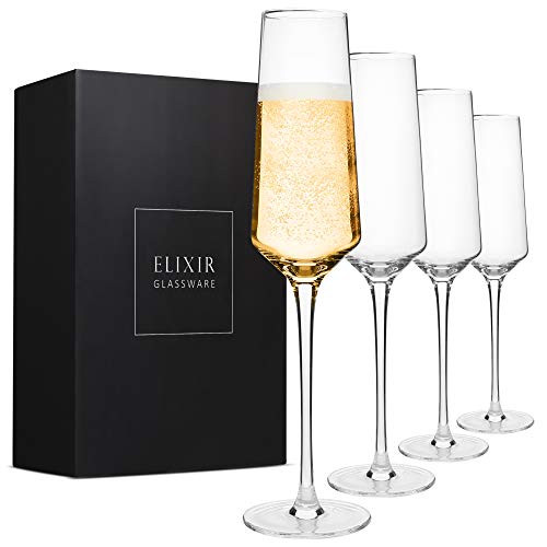 Classy Champagne Flutes - Hand Blown Crystal Champagne Glasses - Set of 4 Elegant Flutes, 100% Lead Free Premium Crystal - Gift for Wedding, Anniversary, Christmas - 8oz, Clear Classy Champagne Flutes - Hand Blown Crystal Champagne Glasses - Set of 4 Elegant Flutes, 100% Lead Free Premium Crystal - Gift for Wedding, Anniversary, Christmas - 8oz, Clear