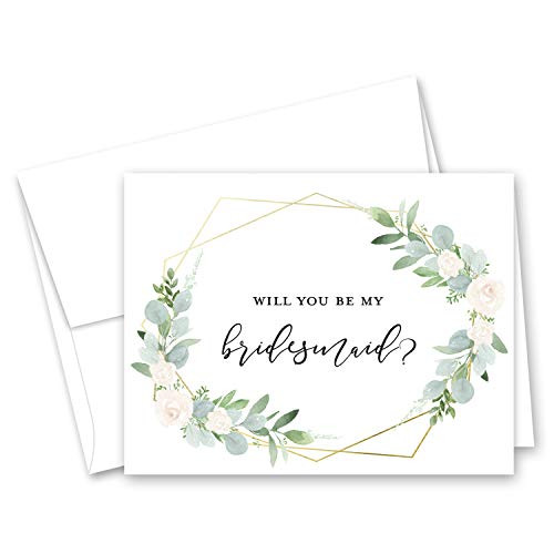 Geometric Watercolor Greenery & Floral Will You be My Bridesmaid Card, Bridesmaid Proposal Card, Maid of Honor Card - Set of 10
