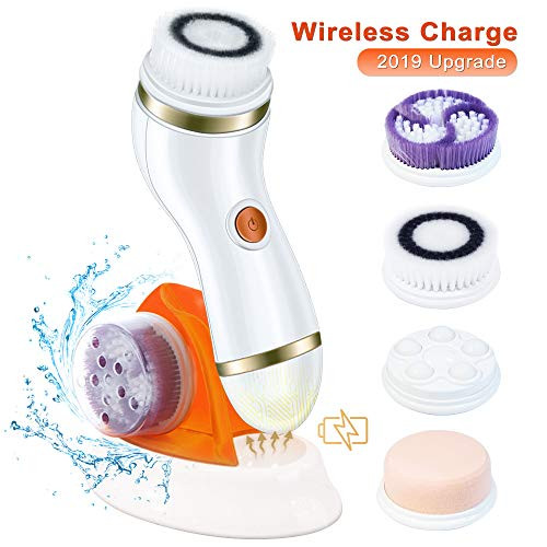 Facial Cleansing Brush, Waterproof Rechargeable Electric Rotating Face Cleanser Brush Set with 4 Brush Heads, Fit for Skin Care Deep Cleansing, Gentle Exfoliating, Removing Blackhead & Massaging