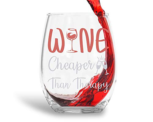 Wine Cheaper Than Therapy 15oz Crystal Stemless Wine Glass - Fun Wine Glasses with Sayings Gifts For Women, Her, Mom on Mother's Day Or Christmas