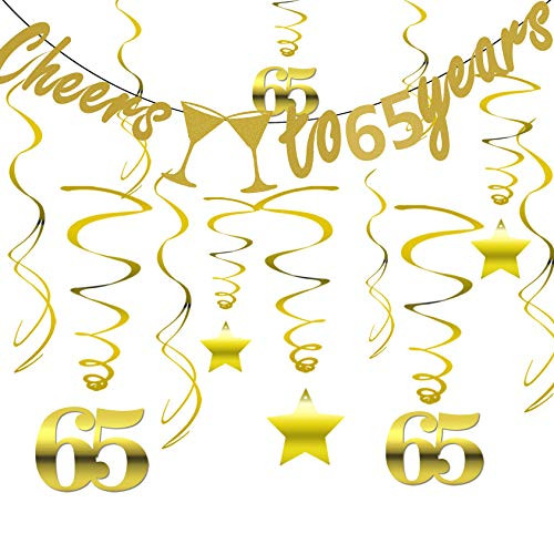Gold 65th Birthday Party Decorations KIT - Cheers to 65 Years Banner, Sparkling Celebration 65 Hanging Swirls, Perfect 65 Years Old Party Supplies 65th Anniversary Decorations