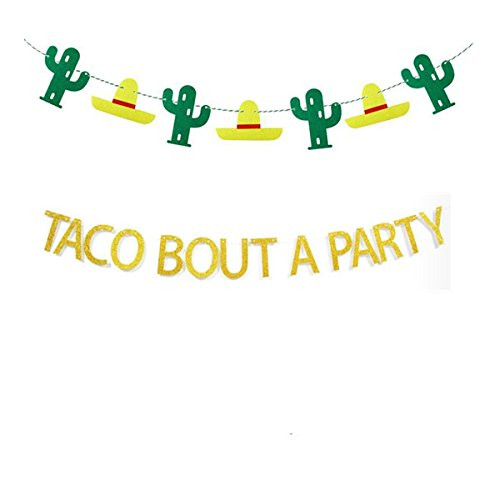 Taco Bout A Party Banner, Gold Glitter Mexican Fiesta Themed Bachelorette Birthday Party Baby Shower Decorations Supplies