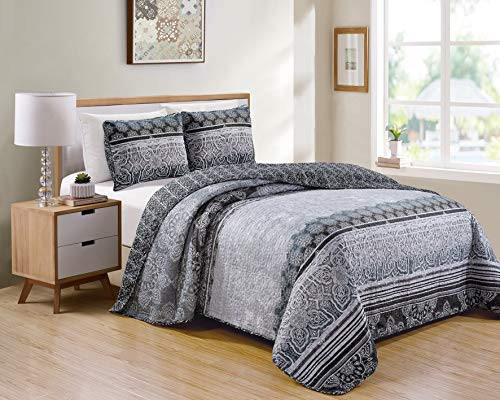 Better Home Style Modern Grey and Slate Ornamental Floral Motif Printed Design Reversible 2 Piece Quilt Coverlet Bedspread Quilt Bed Cover Set # 11391 (Full/Queen)