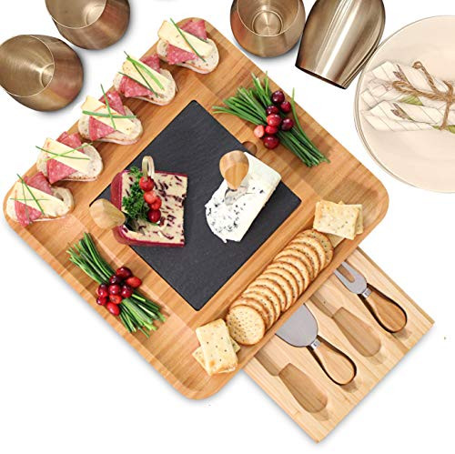 Premium Bamboo Cheese Board and Cutlery Set with Slate Centerpiece, Wood Charcuterie Platter, Serving Meat Board with Slide-Out Drawer with 4 Stainless Steel Cheese Knife Set