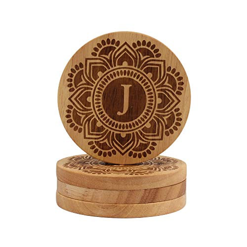J Coasters for Drinks - 4 Piece Coaster Set Monogram J, Round Wood Coasters Engraved, Initial Coasters for House-warming Gift, Wedding gifts, Drink Coasters for Women, Men, Home Coasters