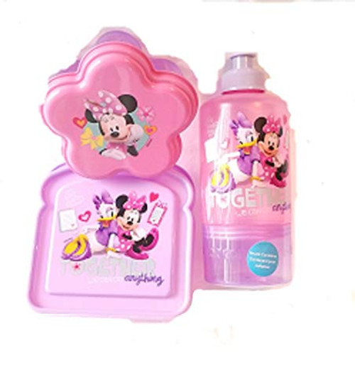 Minnie Mouse and Daisy Duck Pink and Purple Sandwich Container, Water Bottle with Attached Snack Cup, and Snack Container Lunch Box 3 Piece Set