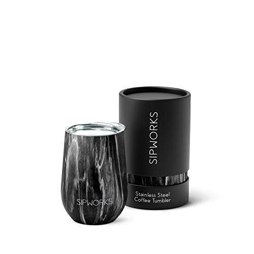 Sipworks Stainless Steel Wine Tumbler: Double-Wall Vacuum Insulated Stemless Wine Glass with Lid, 12-Ounce Gray Marble