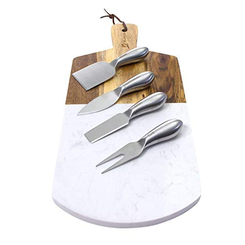 Zelancio Marble and Acacia Wooden Serving Cheese Board, 6 Piece Set Includes Stainless Steel Cheese Tools, Serving Paddle, Wood Cheese Knife Holder with Integrated Magnets