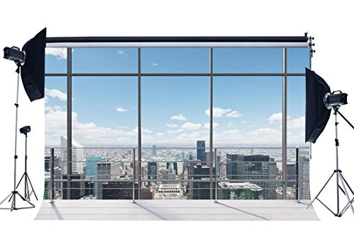 Wofawofa 7X5FT Office Room Backdrop American New York City Vinyl Backdrops Business Street View Skyscraper French Sash Blue Sky White Cloud Sunshine Photography Background for Photo Studio Props KX131