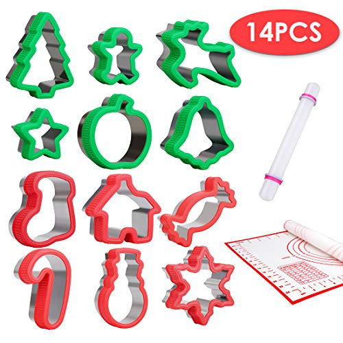 Christmas Cookie Cutters Set, 14 Pieces Stainless Steel Winter Cookie Cutters with Comfort Grip for Kid with Rolling Pin Baking Mat Holiday Cookies, Snowflake, Gingerbread Man, Christmas Tree