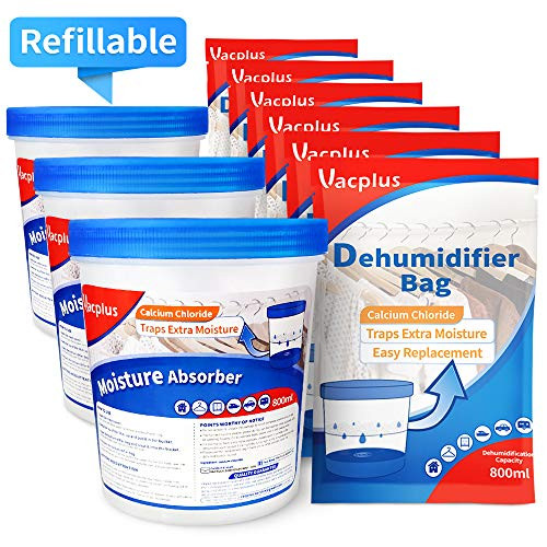 Vacplus 96OZ Refillable Moisture Absorber, 6 Pack Refill Bags (16 oz. ea.) +3 Reusable Dehumidifier Buckets, Trap Extra Moisture Reduce Moisture and Humidity, Effective Dehumidification for Closets