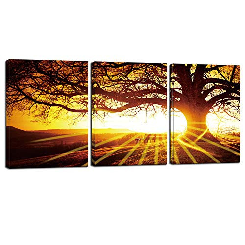 Nachic Wall - 3 Panels Wall Art Canvas Prints Big Trees in Sunset Pictures Relax Natural Landscape Painting Ready to Hang for Home Office Living Room Bedroom Wall Decor with Frame Ready to Hang