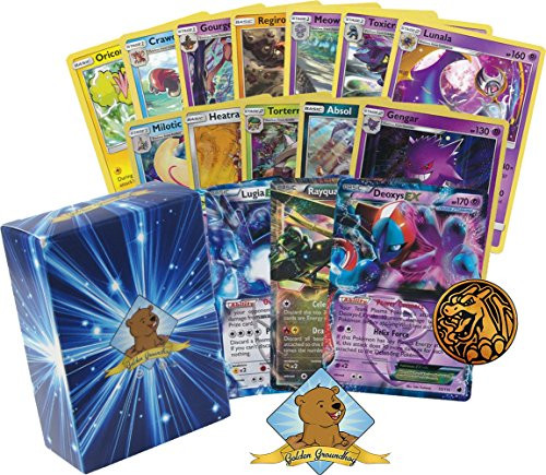 50 Random Pokemon Cards - All Rare Bundle! Featuring an EX or GX and Holo Rare in Every Bundle! 1 Pokemon Coin! Includes Golden Groundhog Deck Storage Box!