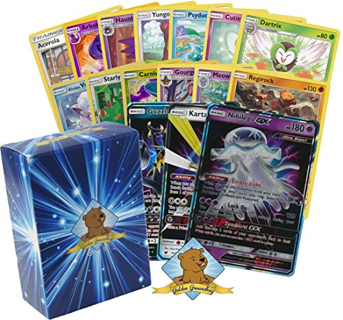 100 Random Pokemon Cards - 1 Ultra Beast GX Rare, 5 Rares, 4 Holographics, and 90 Common/Uncommons - All Cards are Authentic - Includes Golden Groundhog Deck Storage Box