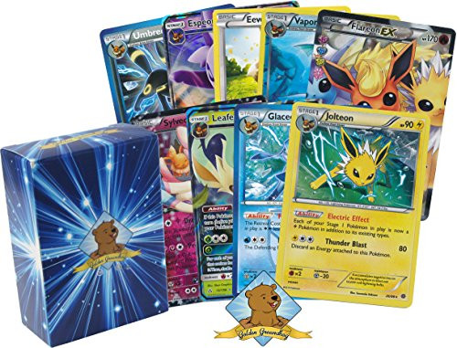Pokemon Eeveelution Card Collection - Featuring 1 Random Version of Each: Eevee, Jolteon, Flareon, Vaporeon, Espeon, Umbreon, Glaceon, Leafeon, Sylveon - Authentic - Golden Groundhog Deck Storage Box