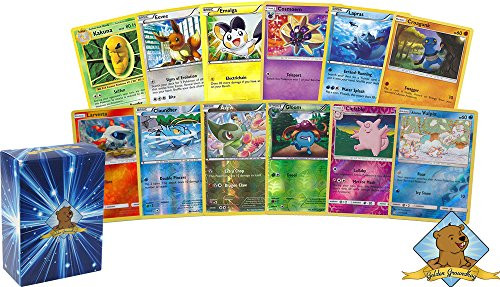 100 Random Pokemon Cards - 10 Reverse Holographic Cards, 90 Commons/Uncommons - Authentic with No Duplication - Includes Golden Groundhog Deck Storage Box!