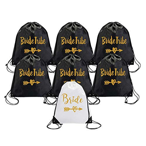 Snogisa 7 Pieces Bride and Bride Tribe Drawstring Bags, Drawstring Bachelorette Party Backpacks,Wedding Drawstring Gift Bag for Bridal,Perfect for Hangover Kit for Bride and Bridesmaids (Black)