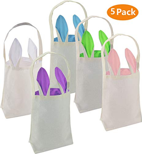 Easter Bunny Bags, Easter Bunny Baskets Rabbit Ears Design Jute Cloth Tote Bags for Kids Eggs Hunting, Candy and Gifts Carry Bucket at Easter Party (5 Pack)