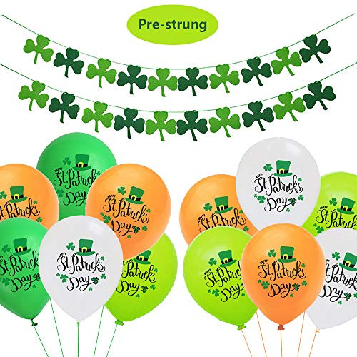 St. Patrick's Day Party Decorations, Shamrock Clover Garland Banner and Leaf Shamrock Pattern Balloons for St. Patrick's Day Irish Party Supplies