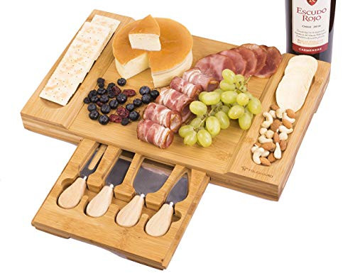 Bamboo Cheese Board Set with Hidden Cutlery Drawer, Charcuterie Platter & Serving Tray Include 4 Stainless Steel Knives & Serving Utensils, Large & Thick Wooden Server for Wine, Cracker, Brie and Meat