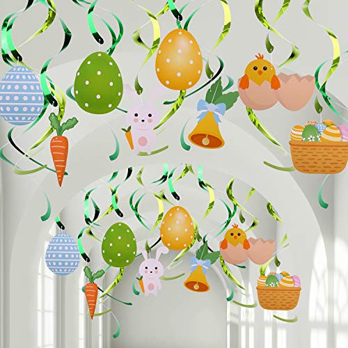 Chuangdi 30 Pieces Happy Easter Bunny Eggs Hanging Swirl Foil Ceiling Spiral Hanging Swirl for Easter Party Decorations